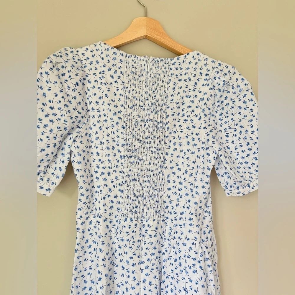 NEW Reformation Coucou Midi Linen Dress Hanna White Blue Floral | US 4 UK 8 - Picture 14 of 16